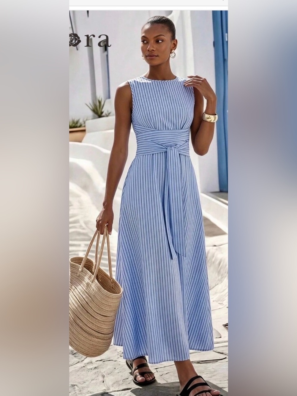 SHEIN Light Blue Vertical-Stripe Tie-Waist Maxi Dress